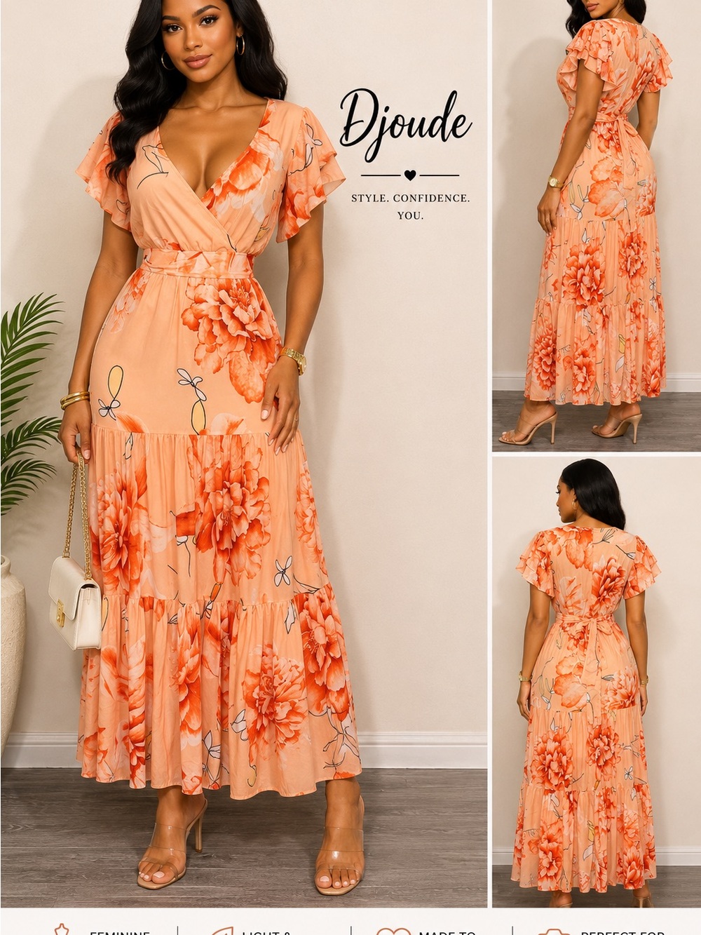 Djoude Peach Floral Wrap Maxi Dress